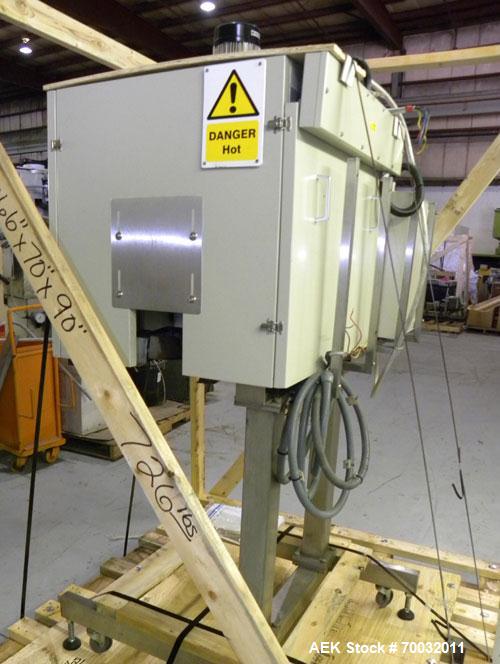 Used Sleevit Model 750 Shrink Tunnel. (4) Nozzles and 2 temperature zones. Tunnel 3/50/415 18A.Tunnel opening is 15" High x 6" Wide,with an adjustable gate now reducing opening to 5" high. The intern...