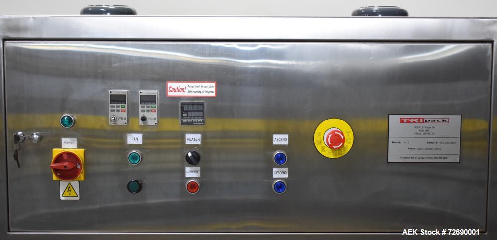 Used Tri Pack Shrink Tunnel Model HT-2. 5' Long tunnel, tunnel opening 9.87" wide x 13.78" high. Temperature range up to 400 degree F. Max tunnel elevation 42", tunnel elevation adjustment 10". Digit...