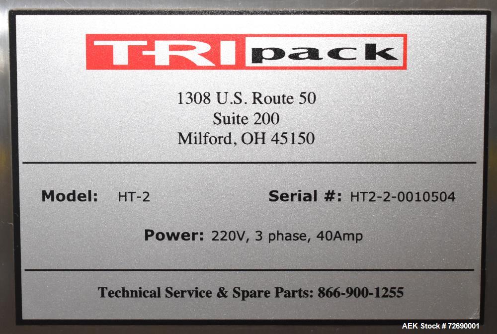 Used Tri Pack Shrink Tunnel Model HT-2. 5' Long tunnel, tunnel opening 9.87" wide x 13.78" high. Temperature range up to 400 degree F. Max tunnel elevation 42", tunnel elevation adjustment 10". Digit...