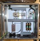 Used Axon Dual Zone Sleeve Label Electric Heat Tunnel, Model EZ-48-SRB. Stainless Steel construction. Over conveyor mounting.  Has chamber inside dimensions  7-1/2 Width, x 8-1/2 height x 48-1/2 leng...