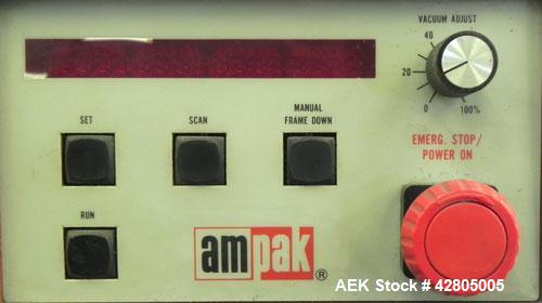 Used Ampak Shipmate II Model SF-1824A Vacuum Skin Packager. Has an 18” wide x 24” long platen size with an adjustable platen clearance of 6” to 18”. Film capacity 20” wide x 9” OD on 3” ID core. Plat...