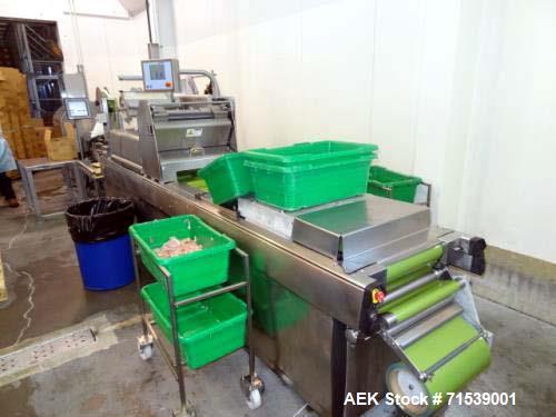 Used Multivac Darfresh Skin Packaging System, Model R175 CD. 220 volt, 3-phase, 60 Hz, 82 amp, 14.5 kW. 420mm bottom web  semi rigid. 250mm advance, 20" loading area, 14 ft. long overall. Film trim w...