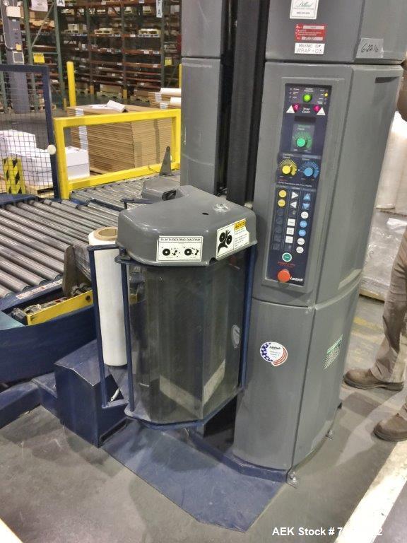 Used Lantech Auto Stretch Wrapper, Model Q Series Auto 3 Station. Powered conveyor infeed and discharge. Frame painted with Steel It application. 230-480 V / 3 ph / 60 Hz. 20" film. Includes OEM fenc...