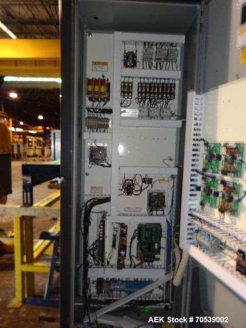 Used Lantech Auto Stretch Wrapper, Model Q Series Auto 3 Station. Powered conveyor infeed and discharge. Frame painted with Steel It application. 230-480 V / 3 ph / 60 Hz. 20" film. Includes OEM fenc...