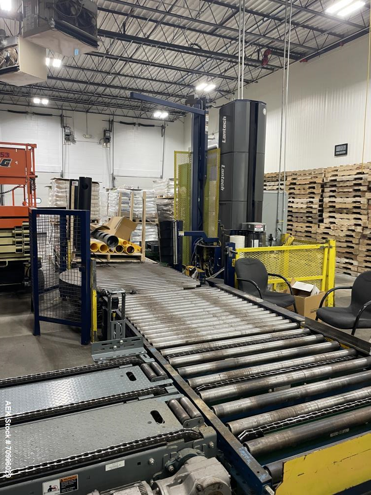 Used-Lantech Stretch Wrapper, Model Q1000 Automatic operation with powered infeed and discharge pallet conveyors, 18" elevat...