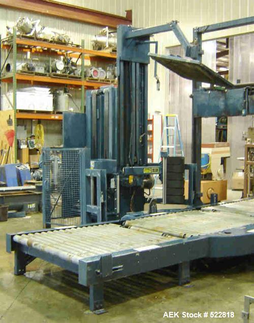 USED: Lantech stretch wrapper, series converted, products model SHASP.               Unit complete with Allen Bradley PLC, 10' powered chain driven live roller conveyor, auto stretch wrapping complet...