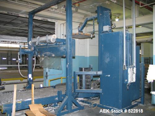 USED: Lantech stretch wrapper, series converted, products model SHASP.               Unit complete with Allen Bradley PLC, 10' powered chain driven live roller conveyor, auto stretch wrapping complet...