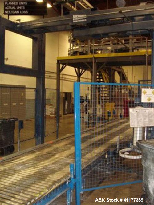 Used Cousins Automatic Stretch Wrapper, Model 7100-65-OHA. The Series 7100 fully automatic conveyorized overhead spiral stretch wrap systems will wrap up to 95 loads per hour, maximum load size 50” w...