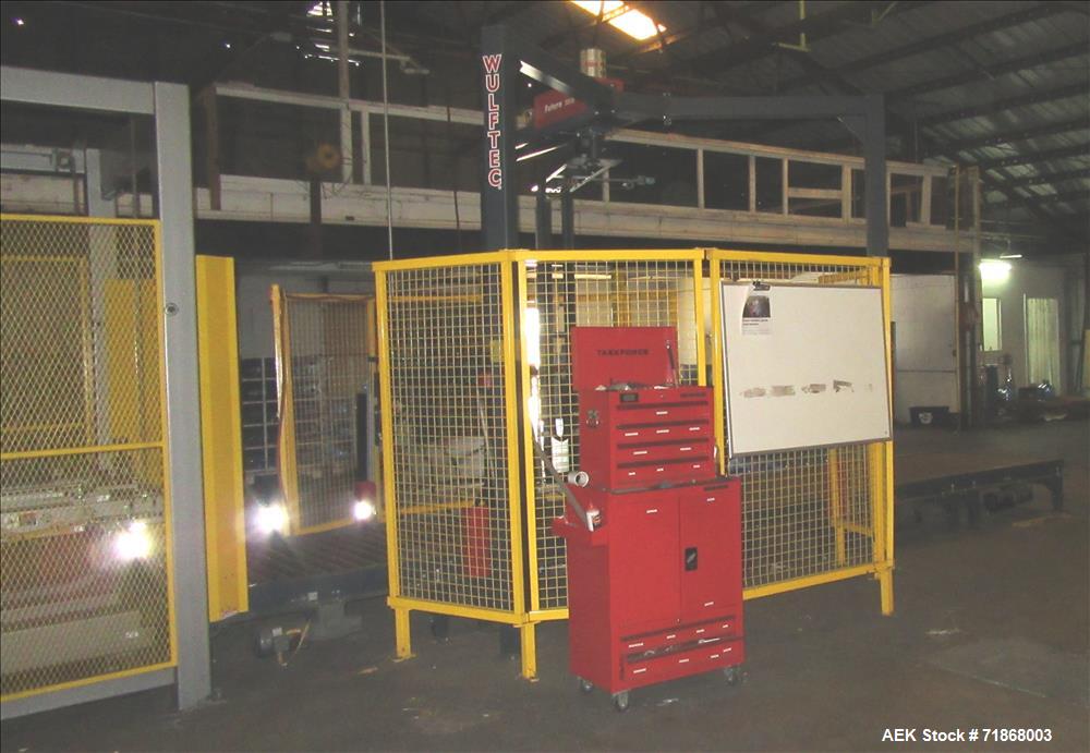 Used Wulftec Model WRT-150 Semi-automatic Rotary Arm (Orbital) Stretch Wrapper. Machine is capable of speeds up to 50 loads per hour. Has a maximum load size of 54" long x 54" wide x 80" high. Has va...