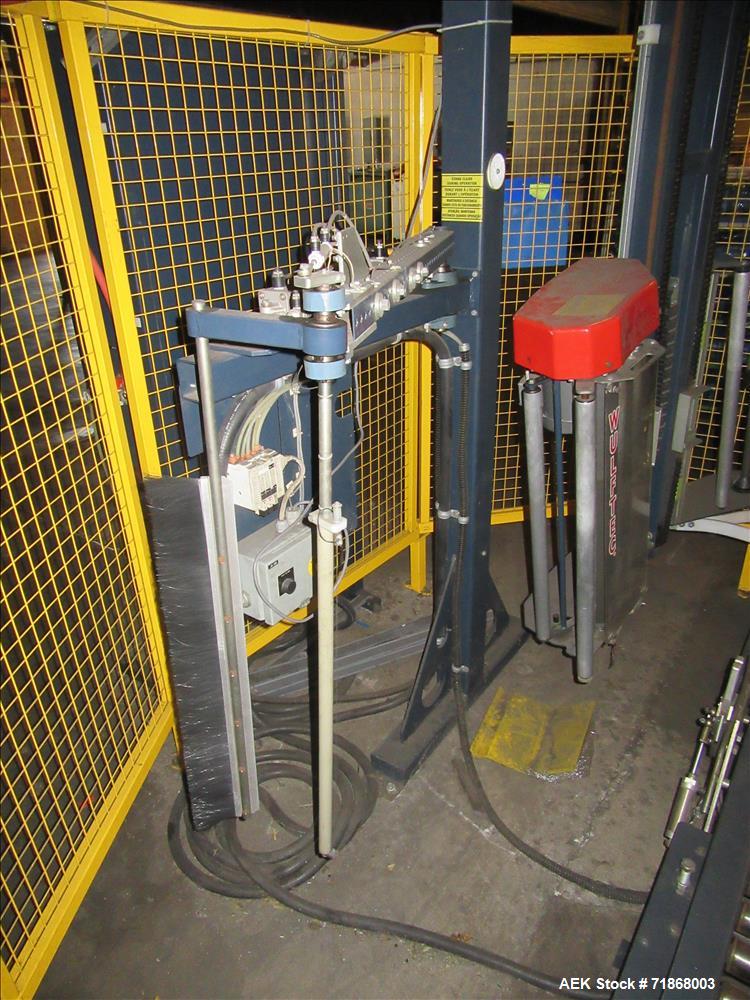Used Wulftec Model WRT-150 Semi-automatic Rotary Arm (Orbital) Stretch Wrapper. Machine is capable of speeds up to 50 loads per hour. Has a maximum load size of 54" long x 54" wide x 80" high. Has va...