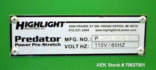 Used Highlight Industries Predator SS Semi-Automatic Turntable Stretch Wrapper, Carbon Steel. Film stretch infinite/ manual adjustment, 59” diameter turntable, speed adjustable to 10 rpm, wrap height...