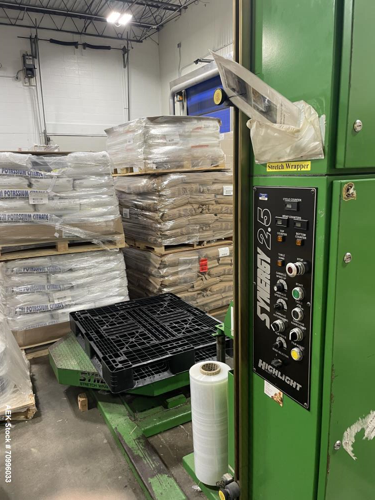 Used Highlight Industries Model 2.5 Semi Automatic High Profile Stretch Wrapper. Powered Pre-Stretch : 200% Standard, Turntable : High Profile: 48" x 48" Octagonal, 12 RPM. Max height up to 72". Film...