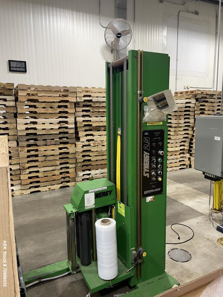 Used Highlight Industries Model 2.5 Semi Automatic High Profile Stretch Wrapper. Powered Pre-Stretch : 200% Standard, Turntable : High Profile: 48" x 48" Octagonal, 12 RPM. Max height up to 72". Film...