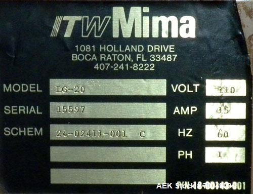 Used ITW Mima Little Giant Series Spiral Web Stretch Wrapper, Model LG-20, Carbon Steel. Up to 25 loads per hour. 48" x 48", 1/2 hp DC motorized turntable, output 8 rpm. 1/8 hp DC film elevator motor...
