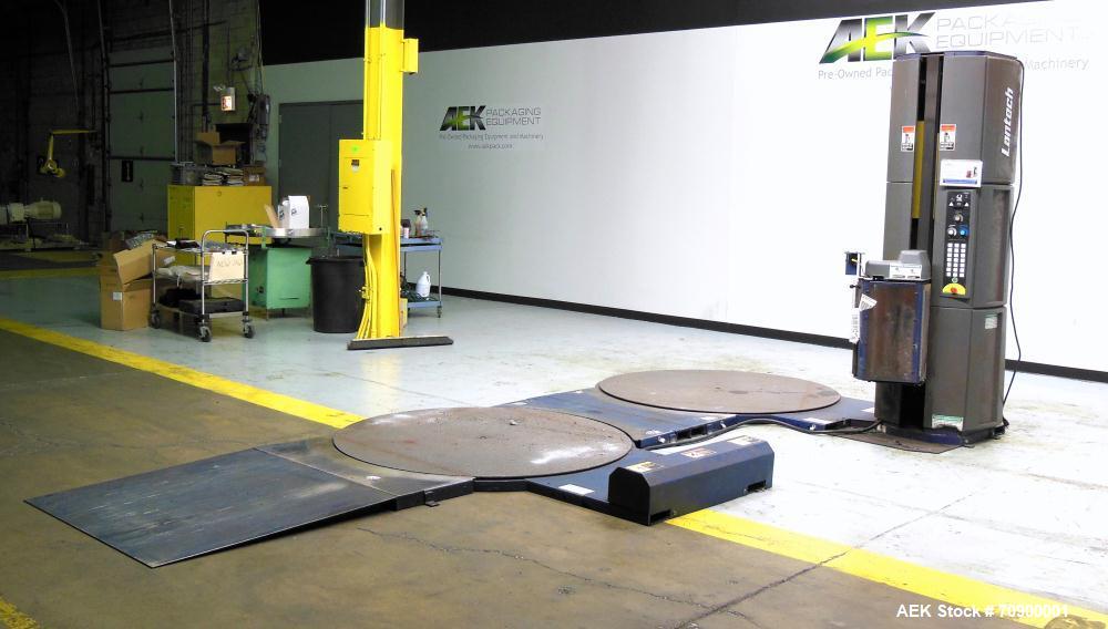 Used Lantech Q300 Semi-Automatic Dual truntable stretch wrapper. Low Profile unit capable of speeds from 25-35 loads per hour. Maximum load size 73 1/2", height 80", weight 4000 pounds. Has (2) 65" d...