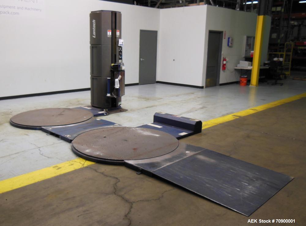 Used Lantech Q300 Semi-Automatic Dual truntable stretch wrapper. Low Profile unit capable of speeds from 25-35 loads per hour. Maximum load size 73 1/2", height 80", weight 4000 pounds. Has (2) 65" d...