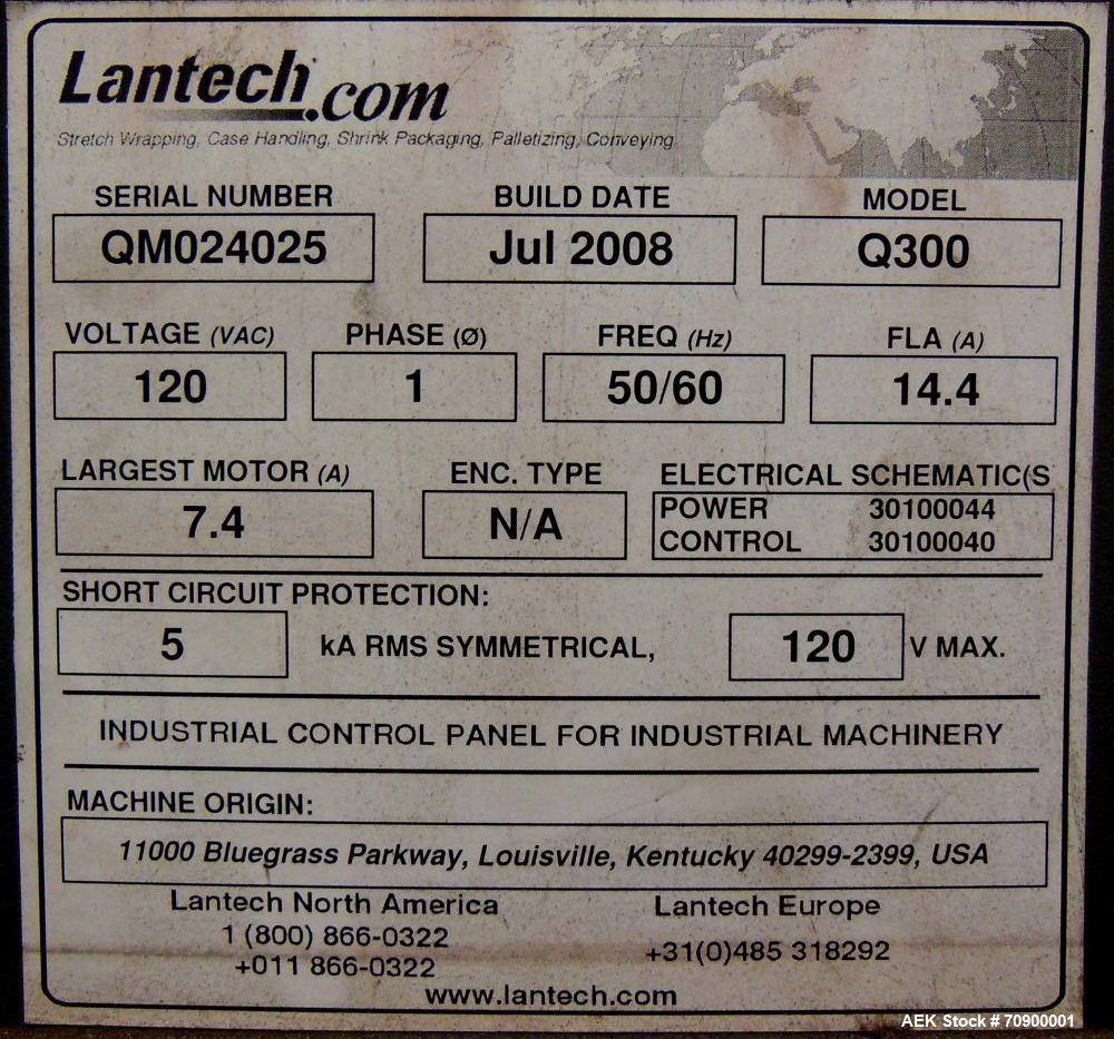 Used Lantech Q300 Semi-Automatic Dual truntable stretch wrapper. Low Profile unit capable of speeds from 25-35 loads per hour. Maximum load size 73 1/2", height 80", weight 4000 pounds. Has (2) 65" d...