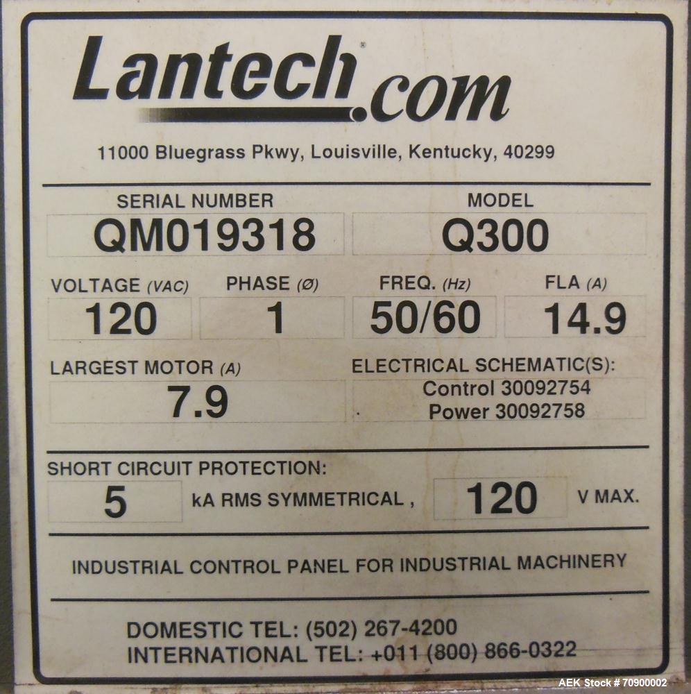 Used Lantech Q300 semi automatic stretch wrapper. Low Profile unit capable of speeds from 25-35 loads per hour. Maximum load size 73 1/2", height 80", weight 4000pounds. 65" diameter turntable driven...