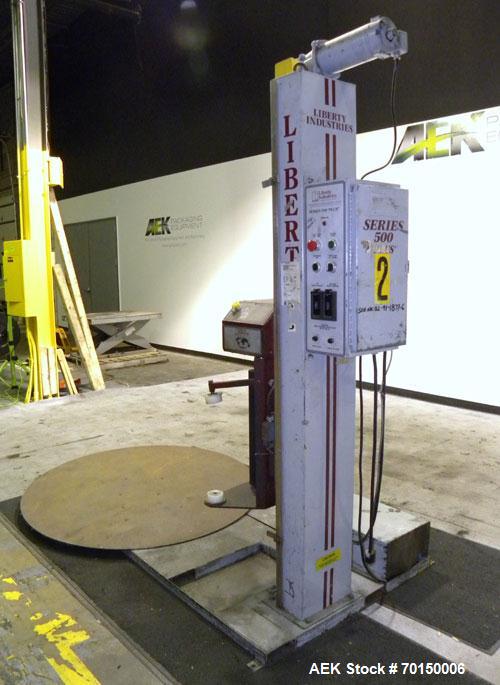 Used Liberty Industries Series 500 Plus Semi-Automatic Stretch Wrapper. Capable of up to 30 loads per hour for spiral applicators. Includes a Max series pre-stretch film delivery system, control pane...