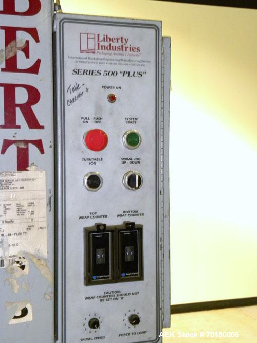Used Liberty Industries Series 500 Plus Semi-Automatic Stretch Wrapper. Capable of up to 30 loads per hour for spiral applicators. Includes a Max series pre-stretch film delivery system, control pane...
