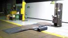 Used Lantech Q300 Semi-Automatic Dual truntable stretch wrapper. Low Profile unit capable of speeds from 25-35 loads per hour. Maximum load size 73 1/2