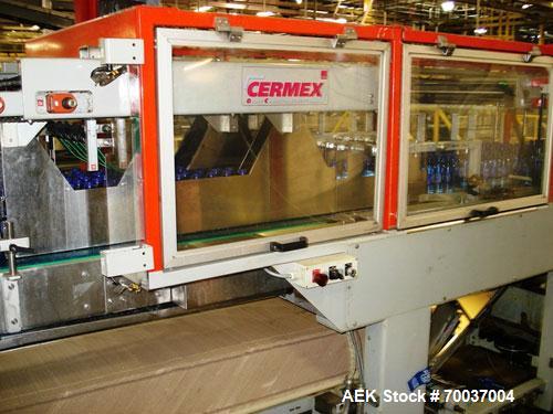 Used CERMEX Tray/Pad Shrinkwrapper, Model TSP70. Integrated tray/shrink machine capable of applying registered film at speeds up to 30 trays per minute on 12 and 24 packs. Includes Nordson 3400 hot m...