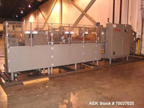 Used Douglas High Speed Bundler, Model MW7-1124 Multi Wrapper. Dual lane, 70 cycle/minute. 480 VAC, 60 hz. Machine has very low operating hours, approximately 200. Machine bundles 4 packs of 2.361" d...