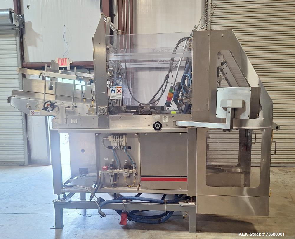 Used Delkor Automatic Hot Melt Glue Tray Former, Model TFS. Machine is rated for speeds up to 80 trays per minute (depending on product and package sizes). Has a layflat tray size range of: 5" to 25"...