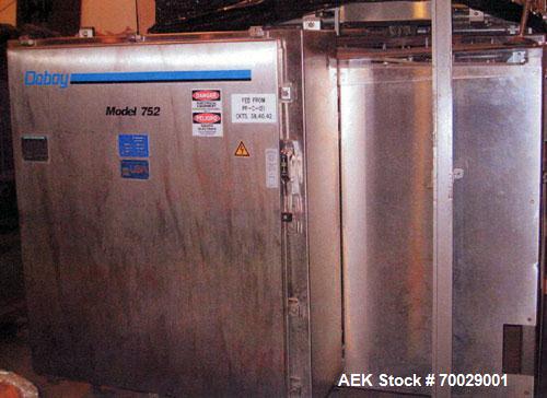 Used Doboy (Delkor) Automatic Trayformer 752. Dual head tray former capable of speeds up to 150 TPM,  stainless steel cabinet.  460 volt AC, 3 phase, 13.8 amp, 80 psi.