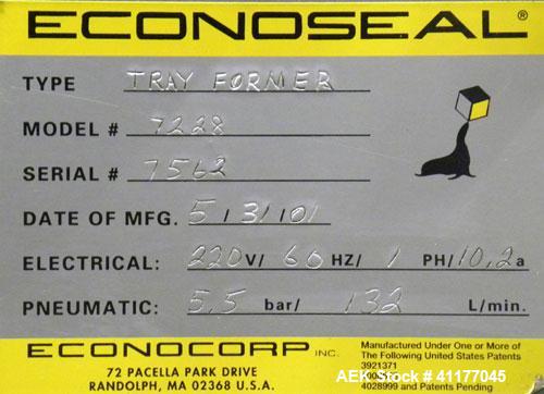 Used Econocorp Econoseal Automatic Tray Former, Model 7228, Carbon Steel. Capable of speeds up to 20 trays per minute. Has a tray size range: width 6" x 15", length 6" x 12", depth 1" to 5". Maximum ...