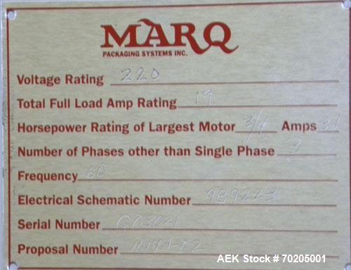 Used Marq Model HPT-MF/RH/DL High Performance Medium Frame Tray Former. Machine is capable of speeds up to 15 trays per minute.Direct Logics PLC and Nordson Problue 10 hot melt glue system. Has a tra...