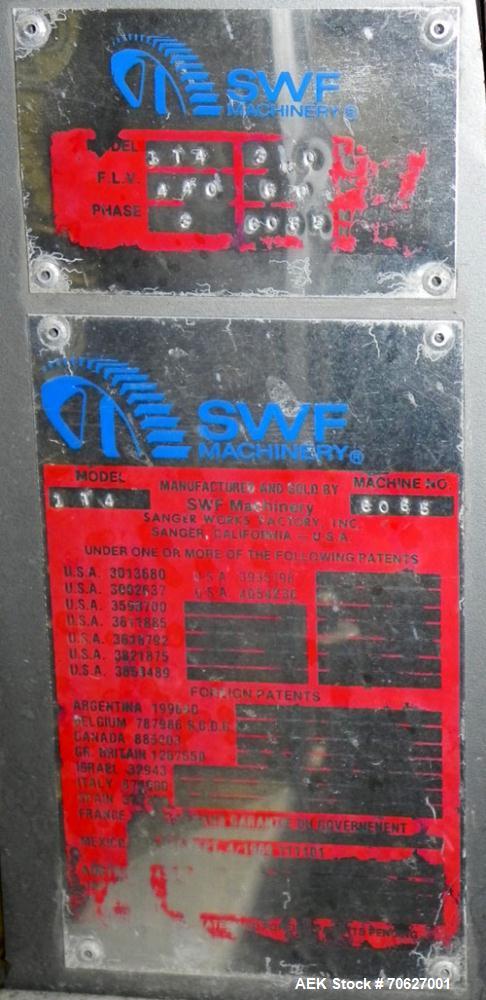 Used SWF Model 1T4 Trayformer. Stainless steel frame capable of speeds up to 35 trays per miniute depending on case size.Has a tray size range:7" to 34" long, 8-1/8" to 22" wide, 1" - 12" deep with p...