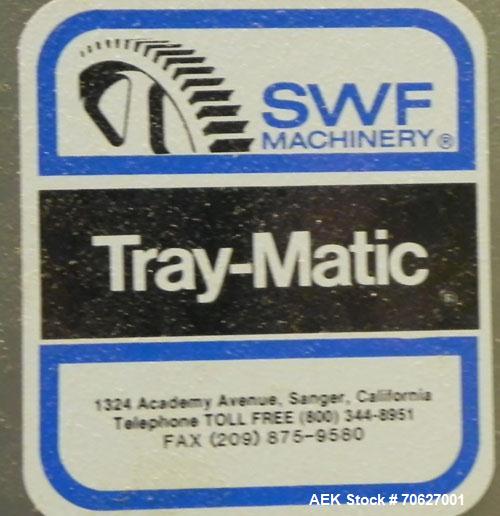 Used SWF Model 1T4 Trayformer. Stainless steel frame capable of speeds up to 35 trays per miniute depending on case size.Has a tray size range:7" to 34" long, 8-1/8" to 22" wide, 1" - 12" deep with p...