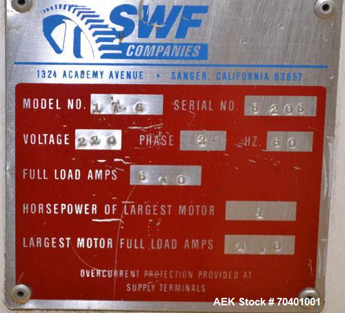Used SWF Model 1T6 Automatic Hot Melt Glue Tray Former. Tray Size Range: (Length) 7" to 44" or 178mm to 1118mm (Width) 8-1/8" - 26" or 206mm to 660mm (Depth) 1" to 12" or 25mm to 305mm. Tray-Matic Ma...