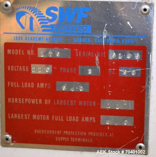 Used SWF Model 1T6 Automatic Hot Melt Glue Tray Former. Tray Size Range: (Length) 7" to 44" or 178mm to 1118mm (Width) 8-1/8" - 26" or 206mm to 660mm (Depth) 1" to 12" or 25mm to 305mm. Tray-Matic Ma...