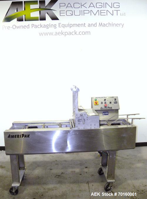 Used Ameripak Filled Tray Sealer, Model 145. Capable of speeds up to 30 trays per minute depending on tray size, material, and feeding capaility. Single parent roll, 3’’ I.D. core, maximum roll capac...