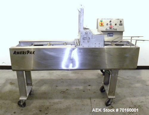 Used Ameripak Filled Tray Sealer, Model 145. Capable of speeds up to 30 trays per minute depending on tray size, material, and feeding capaility. Single parent roll, 3’’ I.D. core, maximum roll capac...