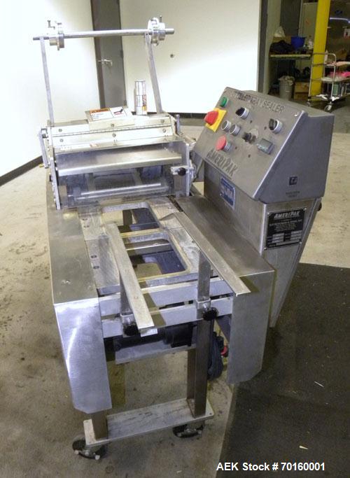 Used Ameripak Filled Tray Sealer, Model 145. Capable of speeds up to 30 trays per minute depending on tray size, material, and feeding capaility. Single parent roll, 3’’ I.D. core, maximum roll capac...