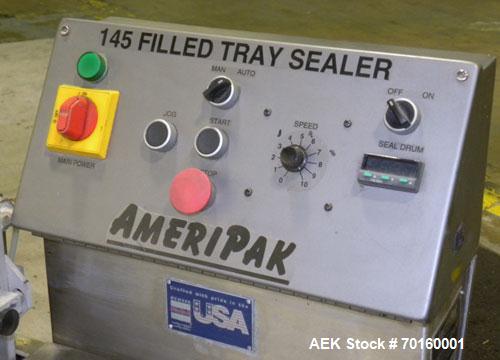 Used Ameripak Filled Tray Sealer, Model 145. Capable of speeds up to 30 trays per minute depending on tray size, material, and feeding capaility. Single parent roll, 3’’ I.D. core, maximum roll capac...