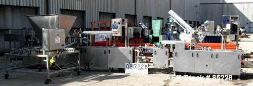 Used FEMC Inline Tray Filler/Lidder Line Consisting Of: (1) 6" wide x 80" long plastic belt infeed conveyor, model 1253-114, serial #7301, driven by an approximate 1/4 HP gearmotor. (1) Air operated ...
