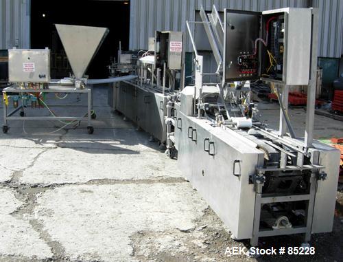 Used FEMC Inline Tray Filler/Lidder Line Consisting Of: (1) 6" wide x 80" long plastic belt infeed conveyor, model 1253-114, serial #7301, driven by an approximate 1/4 HP gearmotor. (1) Air operated ...