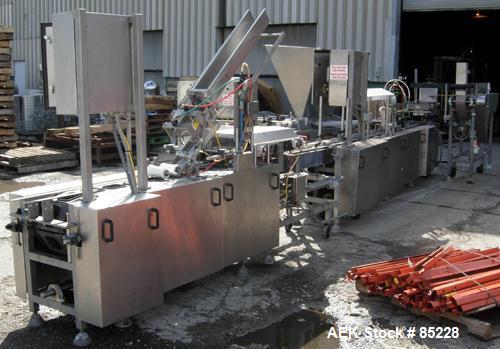 Used FEMC Inline Tray Filler/Lidder Line Consisting Of: (1) 6" wide x 80" long plastic belt infeed conveyor, model 1253-114, serial #7301, driven by an approximate 1/4 HP gearmotor. (1) Air operated ...