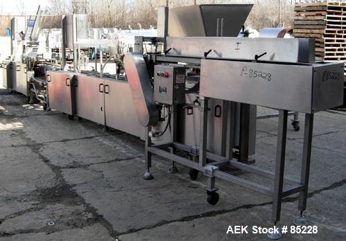 Used FEMC Inline Tray Filler/Lidder Line Consisting Of: (1) 6" wide x 80" long plastic belt infeed conveyor, model 1253-114, serial #7301, driven by an approximate 1/4 HP gearmotor. (1) Air operated ...