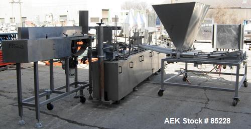 Used FEMC Inline Tray Filler/Lidder Line Consisting Of: (1) 6" wide x 80" long plastic belt infeed conveyor, model 1253-114, serial #7301, driven by an approximate 1/4 HP gearmotor. (1) Air operated ...