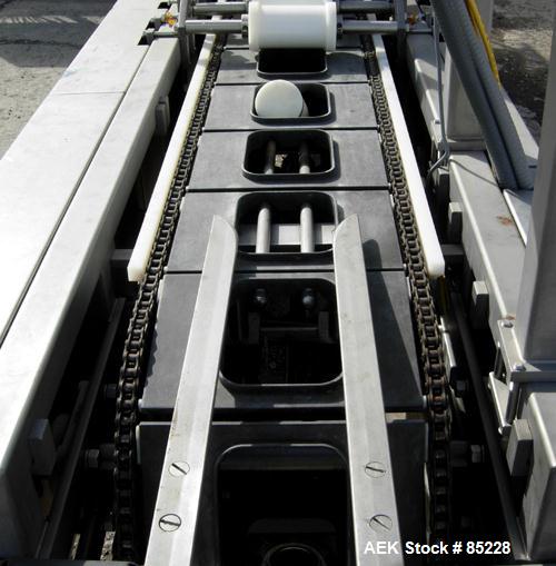 Used FEMC Inline Tray Filler/Lidder Line Consisting Of: (1) 6" wide x 80" long plastic belt infeed conveyor, model 1253-114, serial #7301, driven by an approximate 1/4 HP gearmotor. (1) Air operated ...