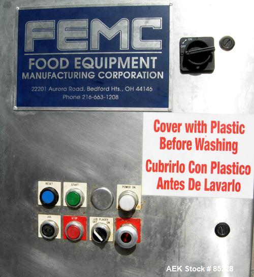 Used FEMC Inline Tray Filler/Lidder Line Consisting Of: (1) 6" wide x 80" long plastic belt infeed conveyor, model 1253-114, serial #7301, driven by an approximate 1/4 HP gearmotor. (1) Air operated ...