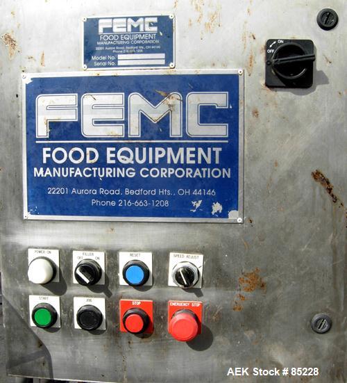 Used FEMC Inline Tray Filler/Lidder Line Consisting Of: (1) 6" wide x 80" long plastic belt infeed conveyor, model 1253-114, serial #7301, driven by an approximate 1/4 HP gearmotor. (1) Air operated ...