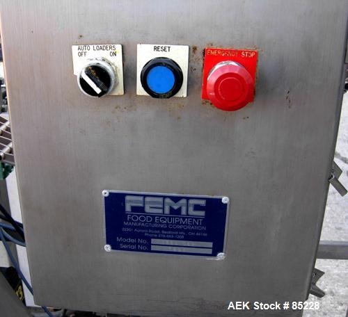 Used FEMC Inline Tray Filler/Lidder Line Consisting Of: (1) 6" wide x 80" long plastic belt infeed conveyor, model 1253-114, serial #7301, driven by an approximate 1/4 HP gearmotor. (1) Air operated ...