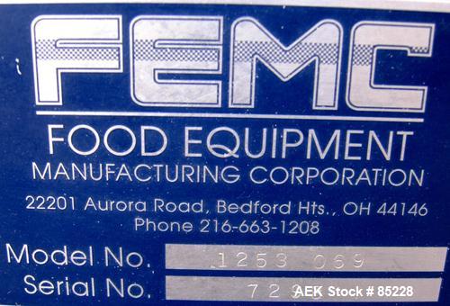 Used FEMC Inline Tray Filler/Lidder Line Consisting Of: (1) 6" wide x 80" long plastic belt infeed conveyor, model 1253-114, serial #7301, driven by an approximate 1/4 HP gearmotor. (1) Air operated ...