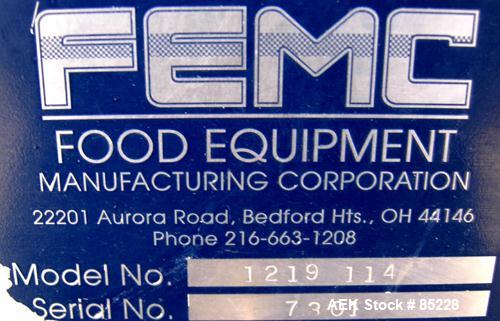 Used FEMC Inline Tray Filler/Lidder Line Consisting Of: (1) 6" wide x 80" long plastic belt infeed conveyor, model 1253-114, serial #7301, driven by an approximate 1/4 HP gearmotor. (1) Air operated ...